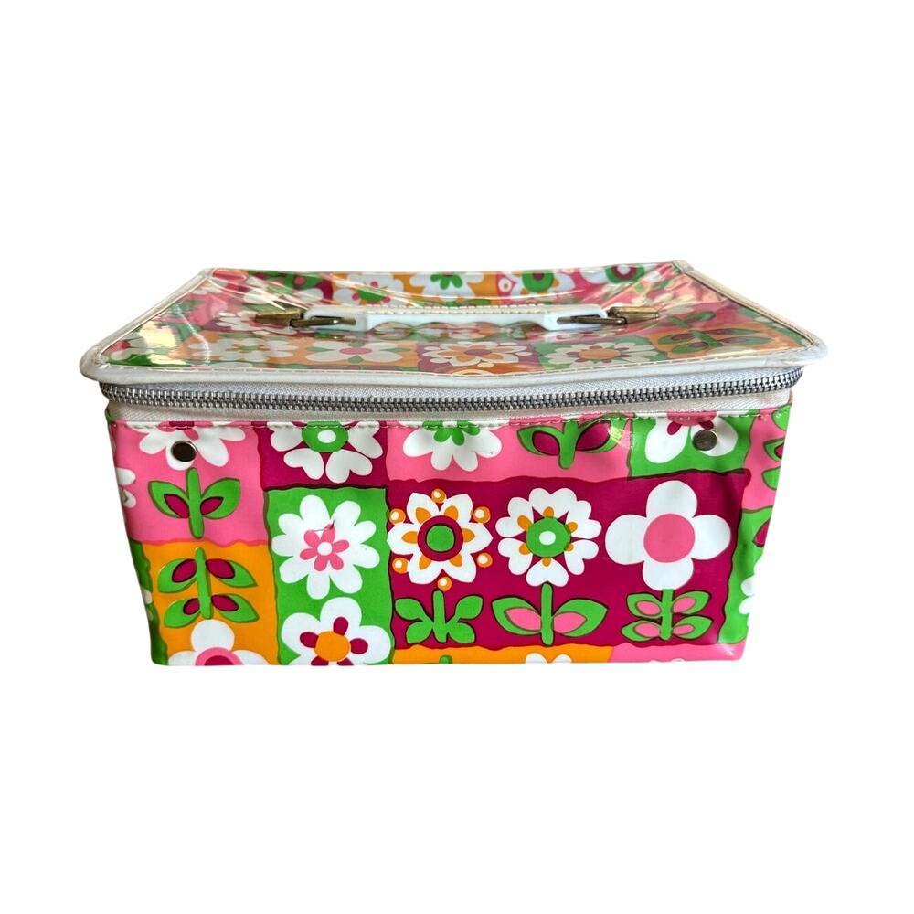 Vintage Flower Power Train Travel Case 1960s 1970s Pink Green